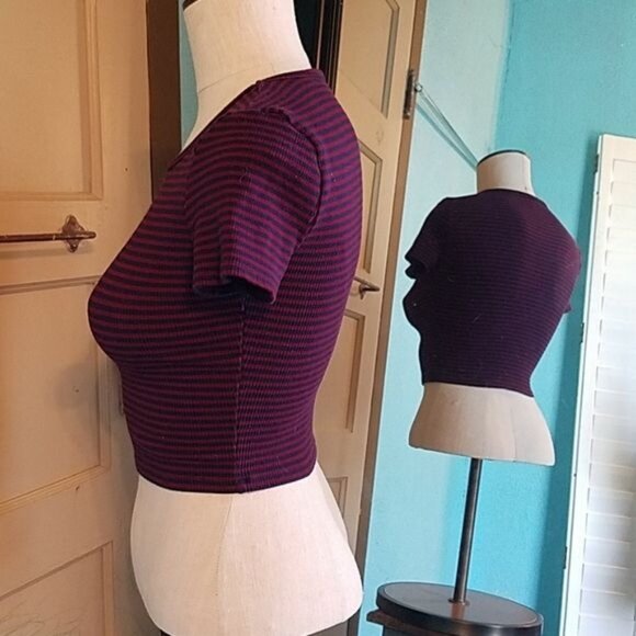 Forever 21 Shirt Crop Top Navy Maroon Strip Jr Juniors Extra Small WOMEN'S - Picture 5 of 9